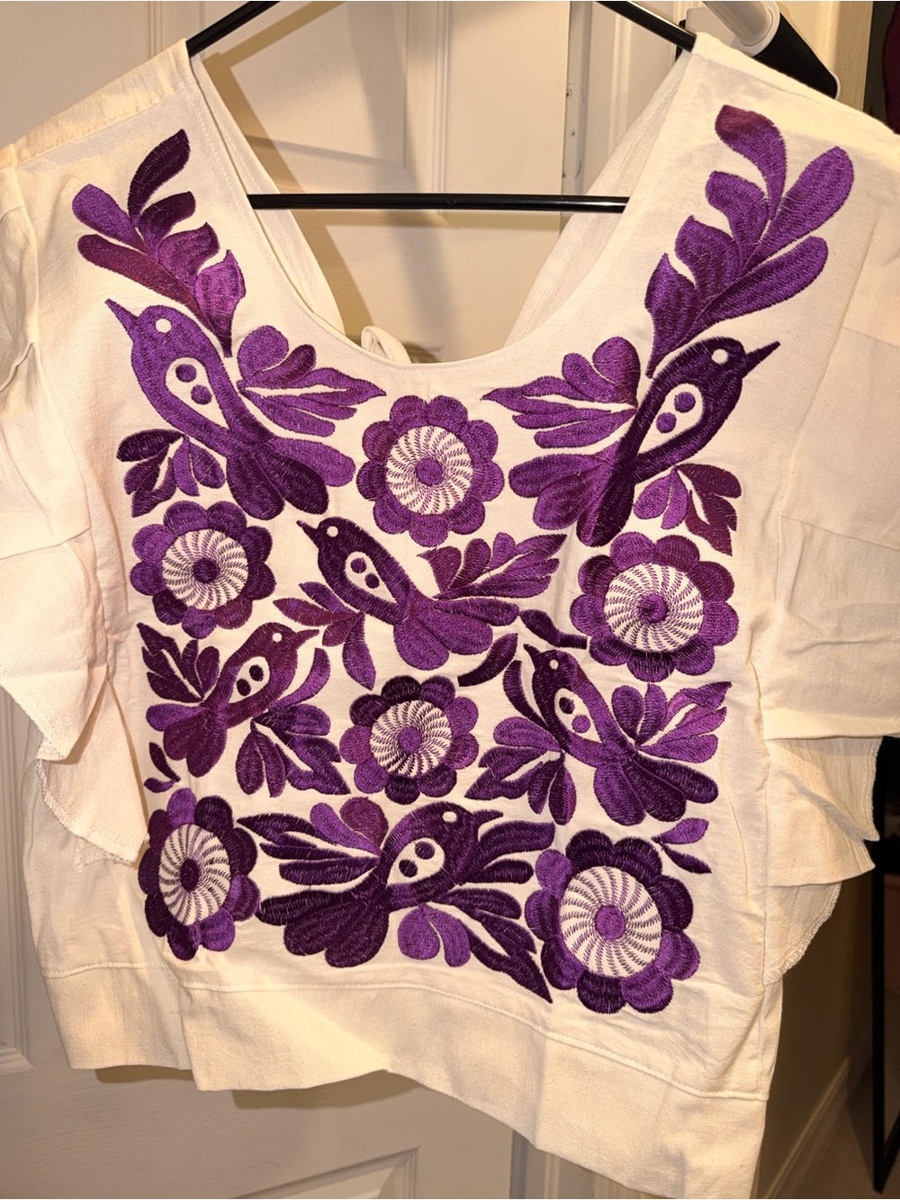 Cream Embroidered Floral Bird Top -Purple